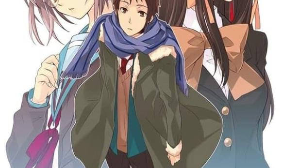 Das Cover des Films „Das Verschwinden der Haruhi Suzumiya“ mit drei Anime-Charakteren.