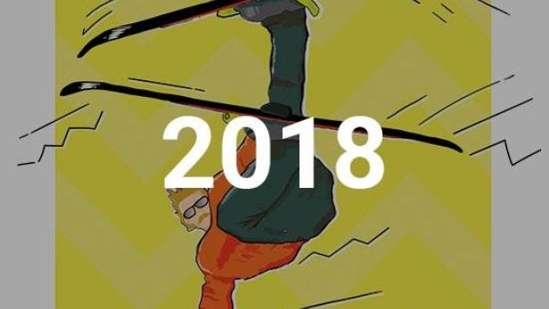 Ein Skifahrer macht einen Trick in der Luft vor einem gelben Hintergrund mit dem Schriftzug „Zigzag 2018“.