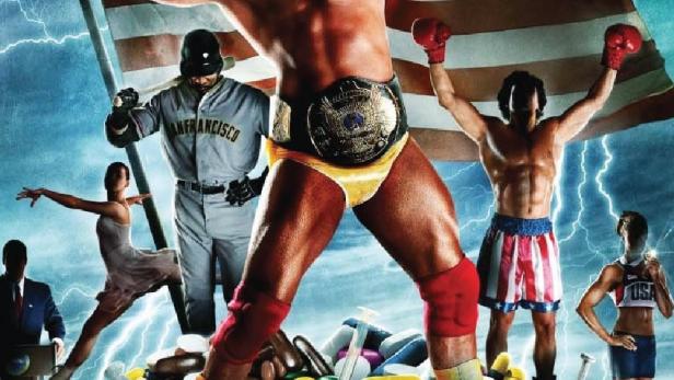 Das Filmplakat für „Bigger Stronger Faster“ zeigt verschiedene Sportler vor einer US-Flagge und Pillen.