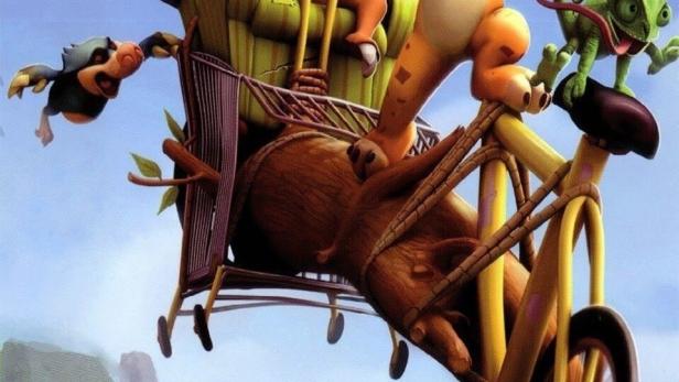 Das animierte Filmplakat für „Schlau wie ein Luchs“ zeigt eine Gruppe Tiere auf einem verrückten Gefährt.