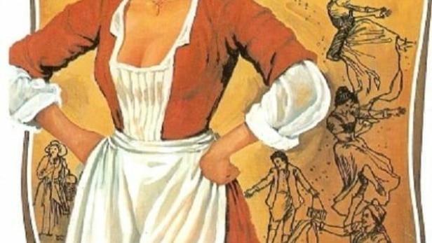 Das Filmplakat für „La Locandiera“ zeigt Claudia Mori in einem roten Kleid und einer weißen Schürze.