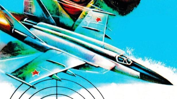 Ein Mann mit einer Waffe vor einem sowjetischen Kampfflugzeug, im Stil des Filmplakats „Foxbat“.