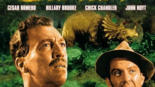 Das Filmplakat zu „Die Reise zur geheimnisvollen Insel“ mit Cesar Romero und Dinosauriern.