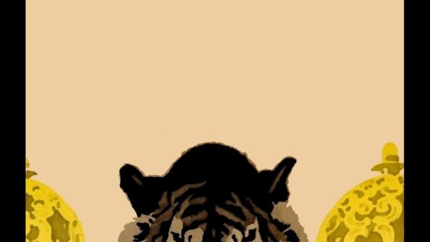 Ein Tiger blickt auf dem Filmplakat zu „Das indische Grabmal“ zwischen goldenen Kuppeln hervor.
