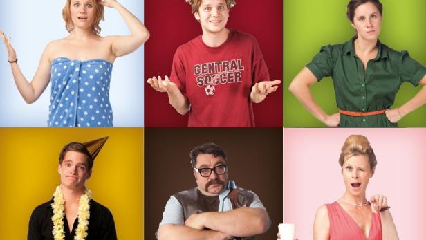 Ein Mosaik-Poster für den Film „Wildwechsel“ mit neun verschiedenen Darstellern in Kostümen.