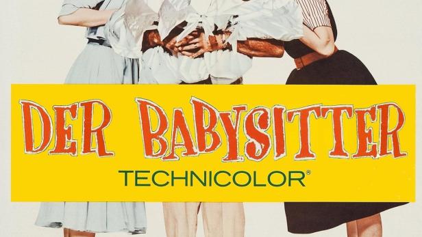 Das Filmplakat zu „Der Babysitter“ mit Jerry Lewis, umgeben von Babys und zwei Frauen.