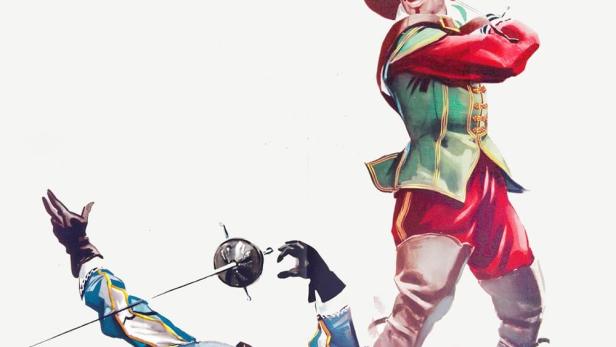 Zwei Männer in Kostümen duellieren sich mit Degen.