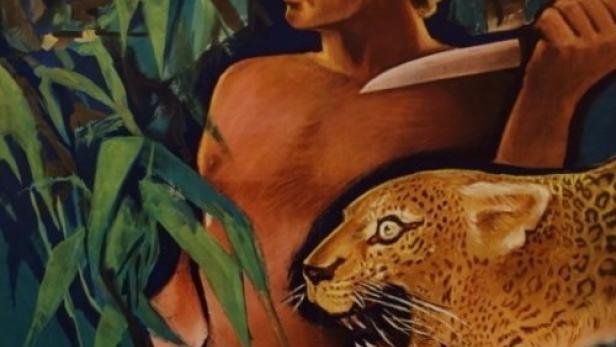 Das Filmplakat für „Tarzan wird gejagt“ zeigt Johnny Weissmüller mit einem Messer, einem Leoparden und Verfolgern.