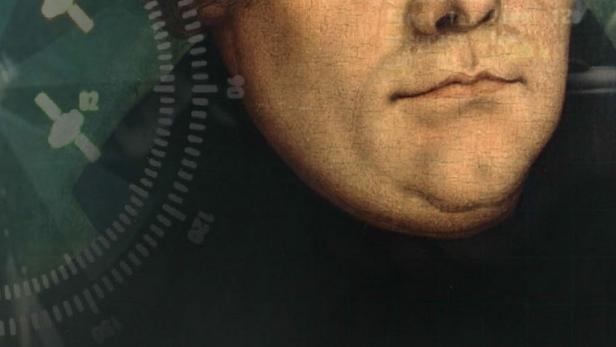Ein Porträt von Martin Luther im Stil einer Filmposter für „Die Luther Matrix“.