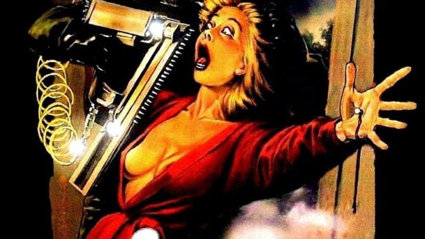 Ein Mann mit einer Nagelpistole bedroht eine schreiende Frau; Filmposter für „Nail Gun Massacre“.
