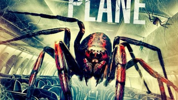 Das Filmplakat für „Spiders on a Plane“ zeigt Spinnen in einem Flugzeug.