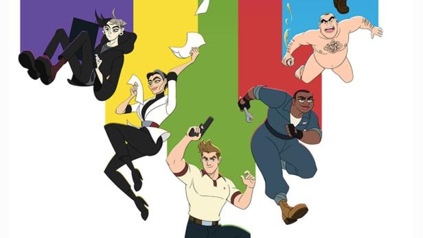 Das animierte Ensemble der „Q-Force“ posiert vor einem Regenbogenhintergrund.