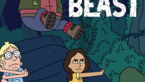 Das Titelbild der Zeichentrickserie „Adventure Beast“ zeigt drei Charaktere und ein Krokodil im Dschungel.