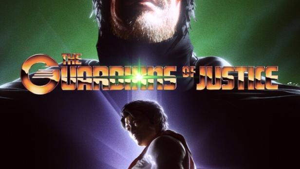 Ein Poster für „The Guardians of Justice“ mit zwei Superhelden.