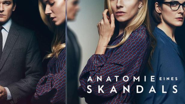 Das Filmplakat für „Anatomie eines Skandals“ zeigt drei Hauptdarsteller.