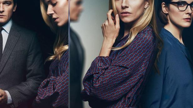 Das Filmplakat zu „Anatomie eines Skandals“ zeigt drei Hauptdarsteller vor dunklem Hintergrund.