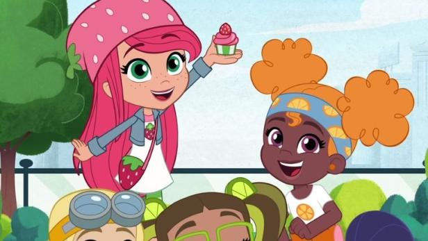 Das Titelbild der Zeichentrickserie „Strawberry Shortcake: Berry in the Big City“ mit Erdbeer- und Zitruscharakteren.