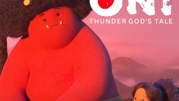 Das Filmplakat für „Oni: Thunder God's Tale“ zeigt ein rotes Oni-Wesen und ein kleines Mädchen.