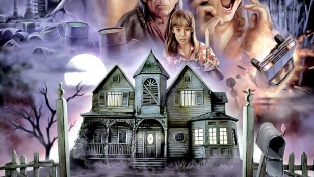 Das Filmplakat für „House IV: Der Alptraum geht weiter“ zeigt ein unheimliches Haus und verängstigte Menschen.