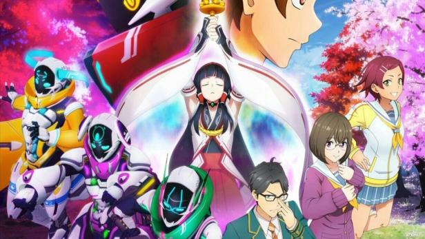 Das Anime-Poster für „Shikizakura“ zeigt Charaktere und Mecha vor einem Kirschblütenhintergrund.