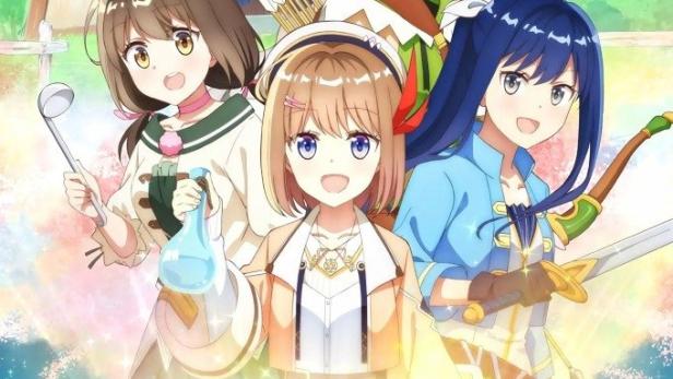 Vier Anime-Mädchen stehen vor einem Laden mit einem Kessel im Vordergrund.