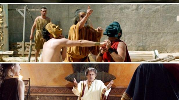 Mehrere Szenen aus „The Ascent of Civilization“ zeigen ein Schiff, Schauspieler in Kostümen und einen Mann mit einer Axt.