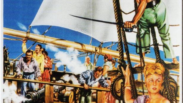 Das Filmplakat für „Meuterei auf dem Piratenschiff“ zeigt eine Szene auf einem Segelschiff.