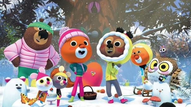 Das animierte Filmplakat zu „L'Hiver d'Edmond et Lucy“ zeigt eine Gruppe Waldtiere im Schnee.