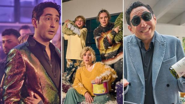 Ein Mann in drei verschiedenen Szenen, darunter eine Party, eine Kissenschlacht und mit einer Weinflasche.