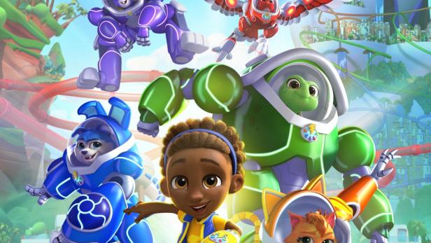 Das Poster für „RoboGobo“ von Disney Jr. zeigt die Hauptfiguren in Roboteranzügen.