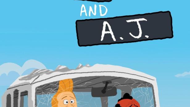 Das animierte Filmplakat für „George and A.J.“ zeigt die beiden Protagonisten in einem Lieferwagen.