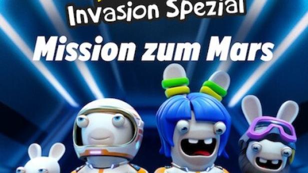 Das Poster für „Rabbids Invasion Spezial: Mission zum Mars“ zeigt vier Rabbids in Raumanzügen.
