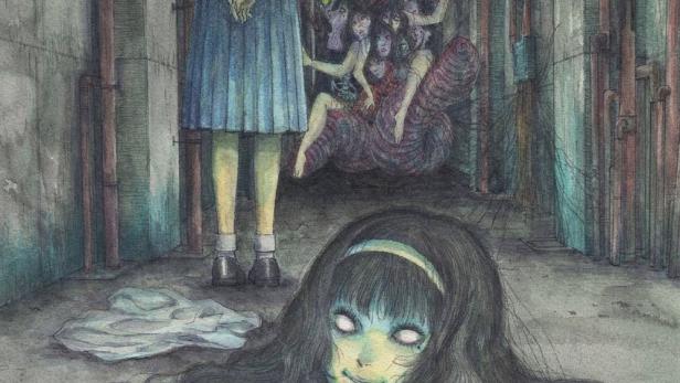Das Cover von „Junji Ito Maniac“ zeigt eine unheimliche Szene mit einer abgetrennten Mädchenkopf und anderen surrealen Gestalten.