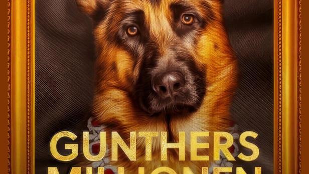 Ein Porträt von Gunther IV., einem Deutschen Schäferhund, mit einer Halskette in einem goldenen Rahmen.