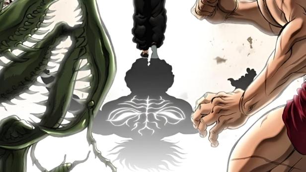Ein Poster für „Baki Hanma: Son of Ogre“ mit Baki, einem Rieseninsekten und Yujiro Hanma im Hintergrund.