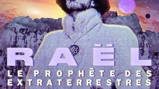 Ein Porträt von Raël, dem Gründer der Raëlianer, mit fliegenden Untertassen im Hintergrund.