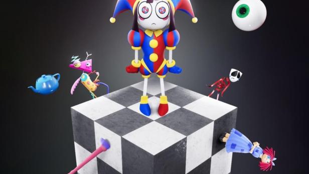 Eine Szene aus „The Amazing Digital Circus“ mit einer traurigen Clown-Figur auf einem Schachbrettwürfel.