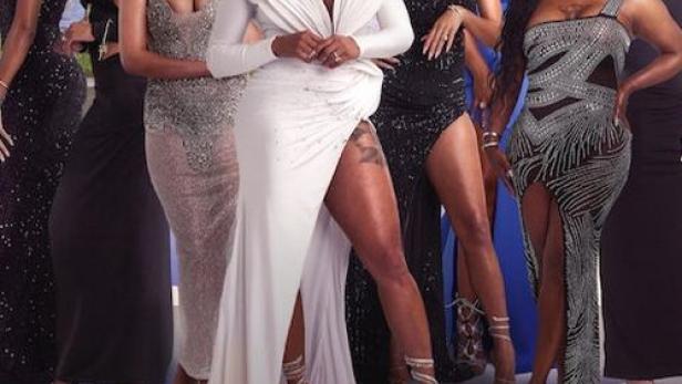 Das Gruppenbild der Besetzung von „WAGS to Riches“ vor einer Skyline von Miami.