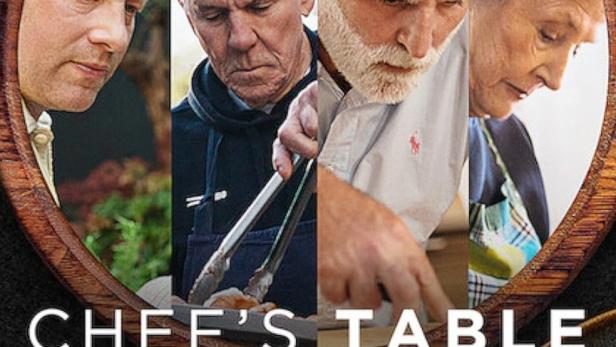 Das Poster für „Chef’s Table: Legends“ zeigt vier Köche in einem hölzernen Rahmen.
