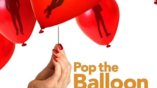 Eine Hand hält eine Nadel vor rote Herzballons mit Silhouetten von Männern.