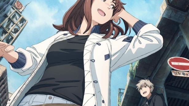 Eine junge Frau und ein junger Mann in einer zerstörten Stadt, möglicherweise aus dem Anime „Tengoku Daimakyou“.