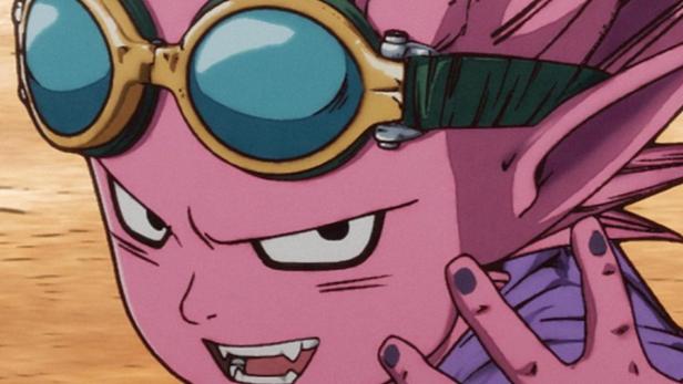 Ein pinkfarbener Dämon mit Fliegerbrille aus der Serie „Sand Land“.