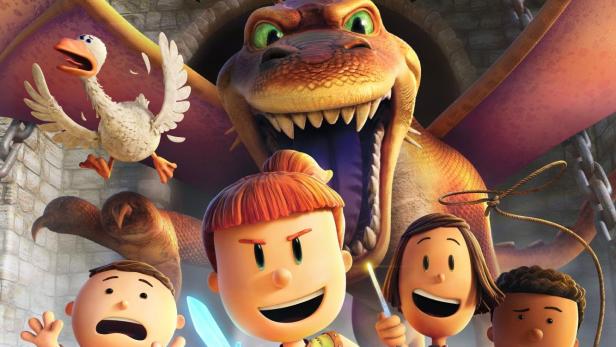 Das Poster für die neue Nickelodeon-Serie „Max & the Midknights“ mit einem Drachen und mehreren Kindern.