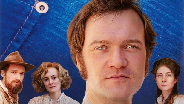 Das Cover der Event-Serie „Levi Strauss und der Stoff der Träume“ zeigt Levi Strauss und weitere Personen vor Jeansstoff.