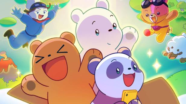 Die drei Bärenbabys aus „We Baby Bears“ sitzen in einem Karton vor einer Fantasielandschaft.