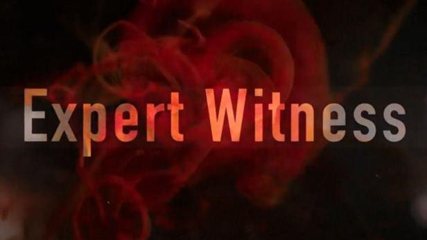 Der Titel „Expert Witness“ vor einem dunklen Hintergrund mit roter Rauchwolke.