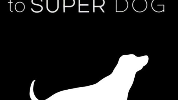 Ein weißer Hund ist vor einem schwarzen Hintergrund abgebildet, darüber der Text „Rescue Dog to Super Dog“.