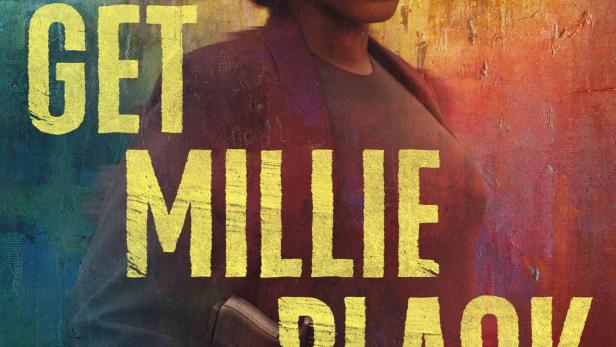 Das Filmplakat für „Get Millie Black“ zeigt eine Frau mit einer Waffe vor einem farbenfrohen Hintergrund.