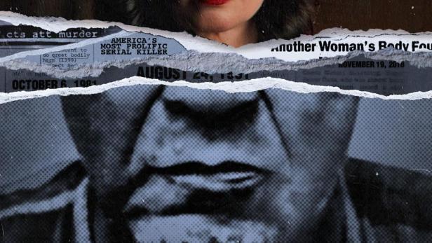 Das Cover von „Confronting a Serial Killer“ zeigt eine Frau und das stilisierte Gesicht eines Mannes vor Zeitungsausschnitten.