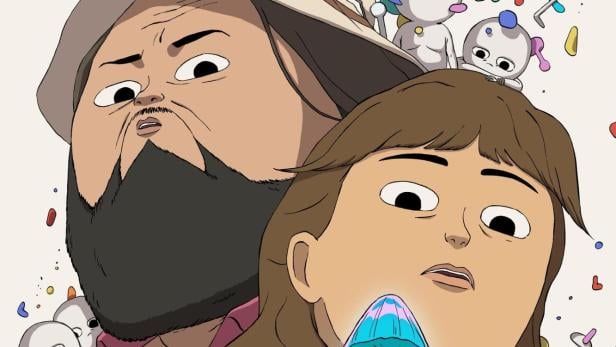 Ein animiertes Bild mit dem Titel „Common Side Effects“ zeigt einen Mann und eine Frau mit einem leuchtenden Pilz.